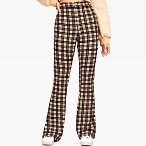 brown plaid tartan checkered flare pants